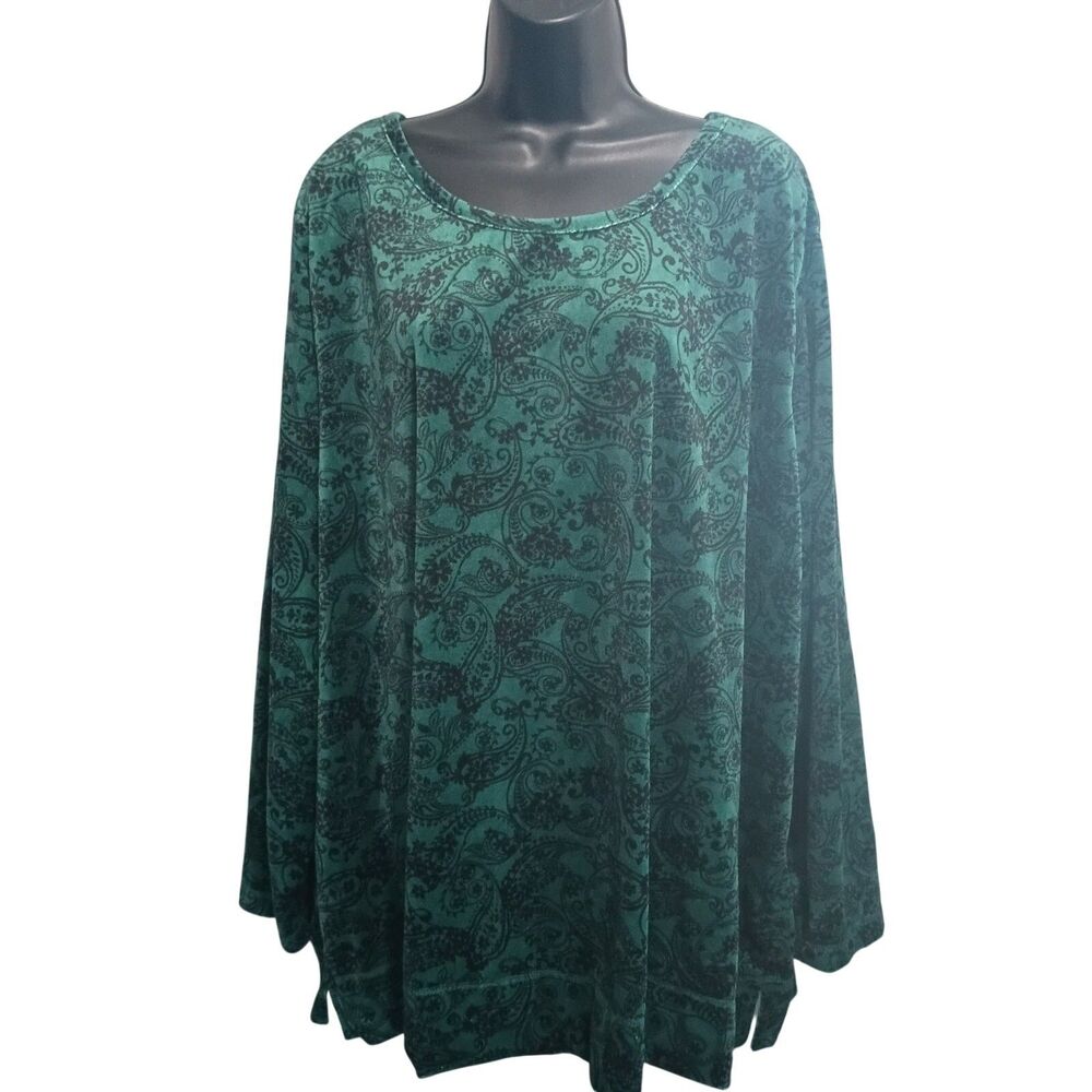 Woman Within Shirt 3X Green Velvet Blouse Paisley Floral Design Elegant